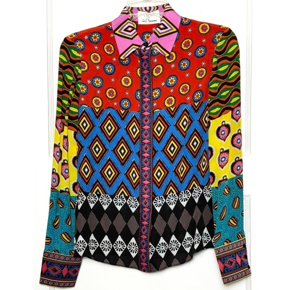 ALICE OLIVIA Silk Colorblock Patchwork Print Long Sleeve Embroidered Trim Top XS - Picture 4 of 12